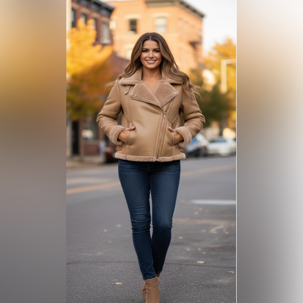 BNWT CLEO CAMEL brown Cropped Coat zippered •faux fur lined •Super soft •Size L